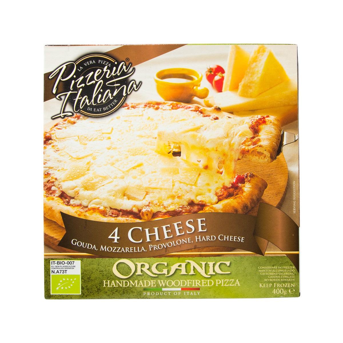 Organic 4-cheese woodfired pizza in boxed packaging, 400g