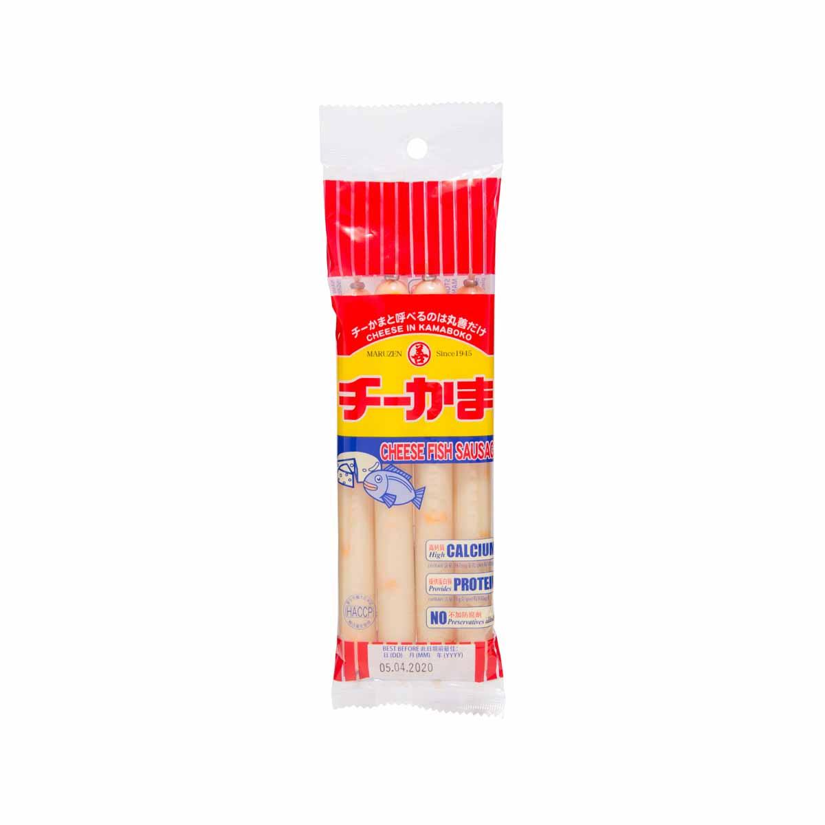 Cheese fish sausage snack pouch with red front label and Japanese text