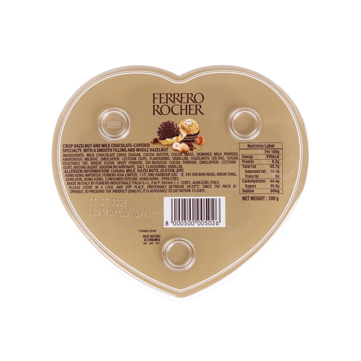 Heart-shaped Ferrero Rocher chocolate box back label and barcode