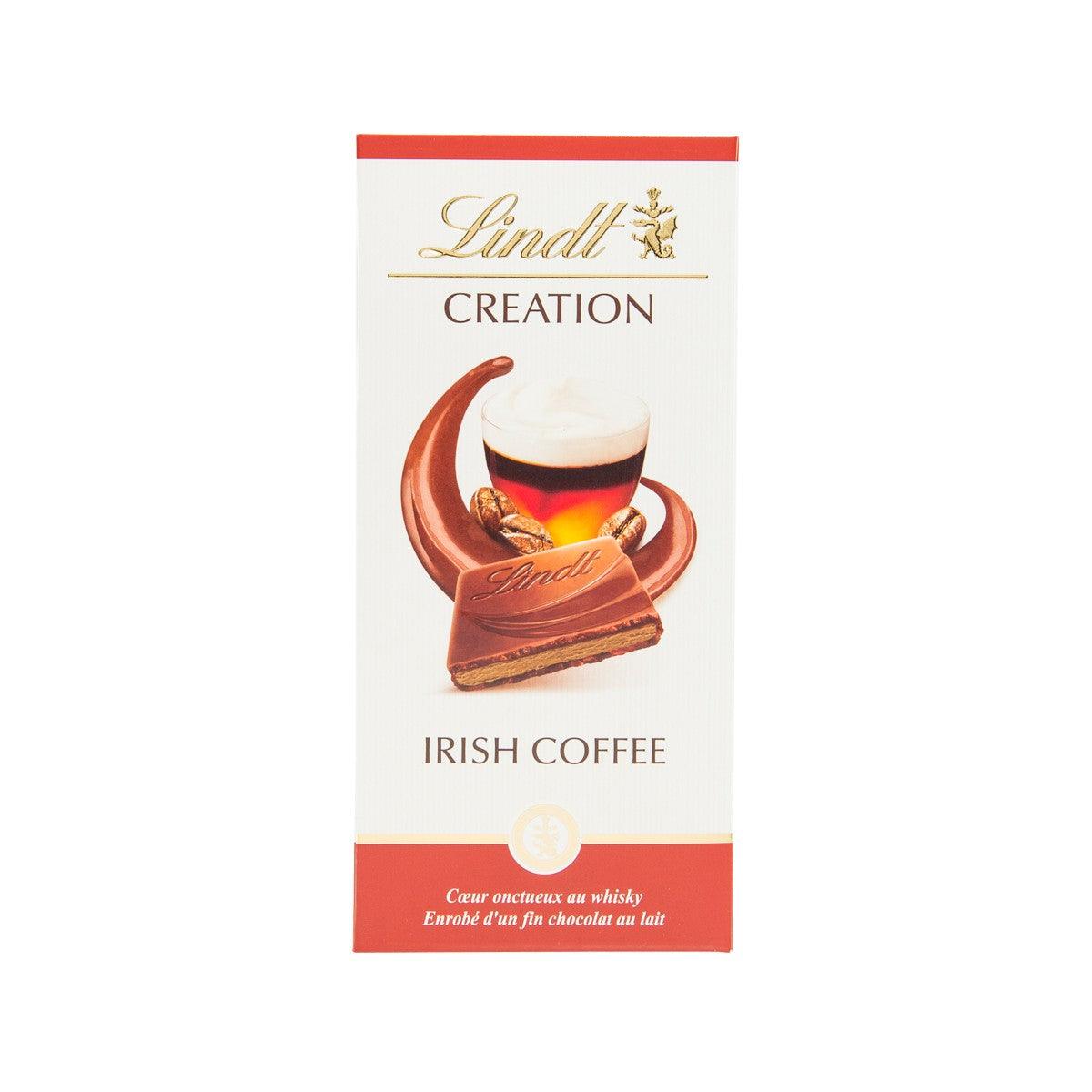 LINDT Creation Irish Coffee milk chocolate pouch, front label with cup and bar graphic