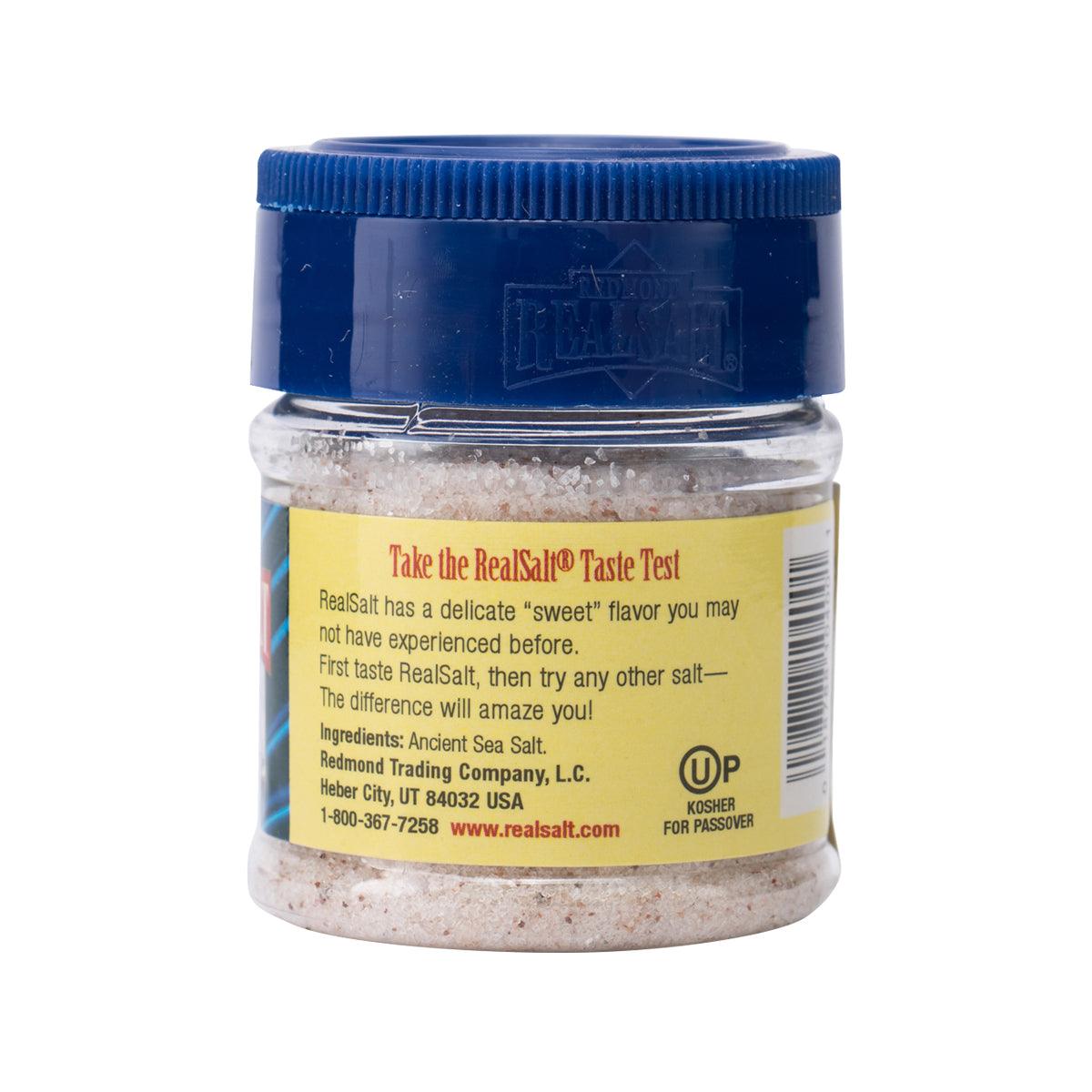 Sea salt jar with blue cap and test/usage text label, U.P. Kosher seal