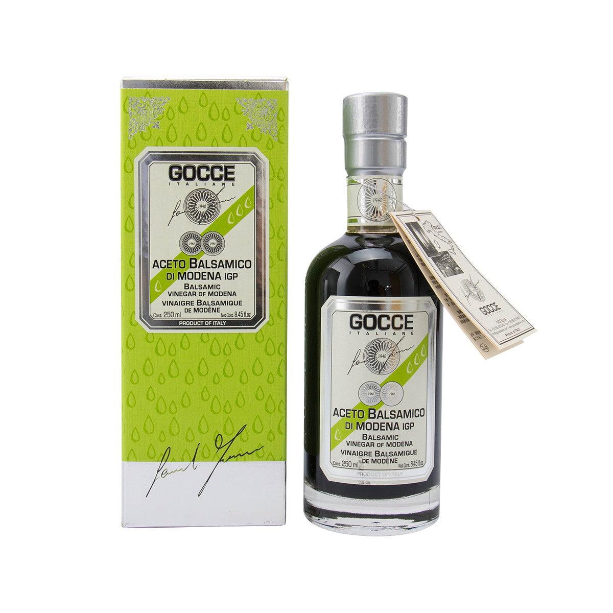 GOCCE balsamic vinegar bottle with green label and silver cap, 250 mL