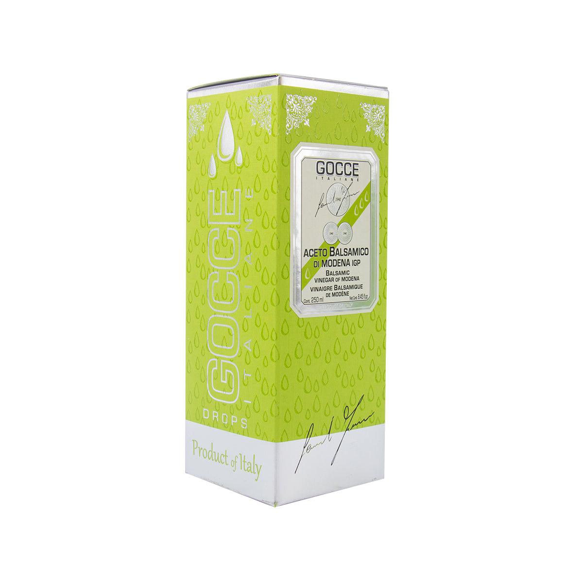 GOCCE balsamic vinegar carton box, green and white with label graphic