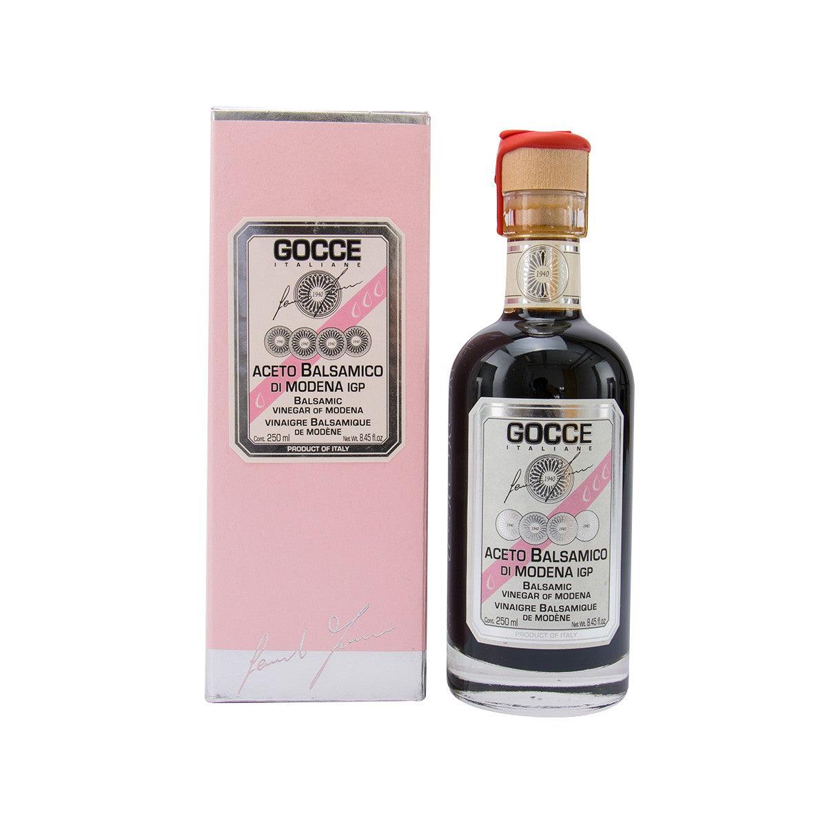 GOCCE balsamic vinegar bottle with red cap and label, 250 mL
