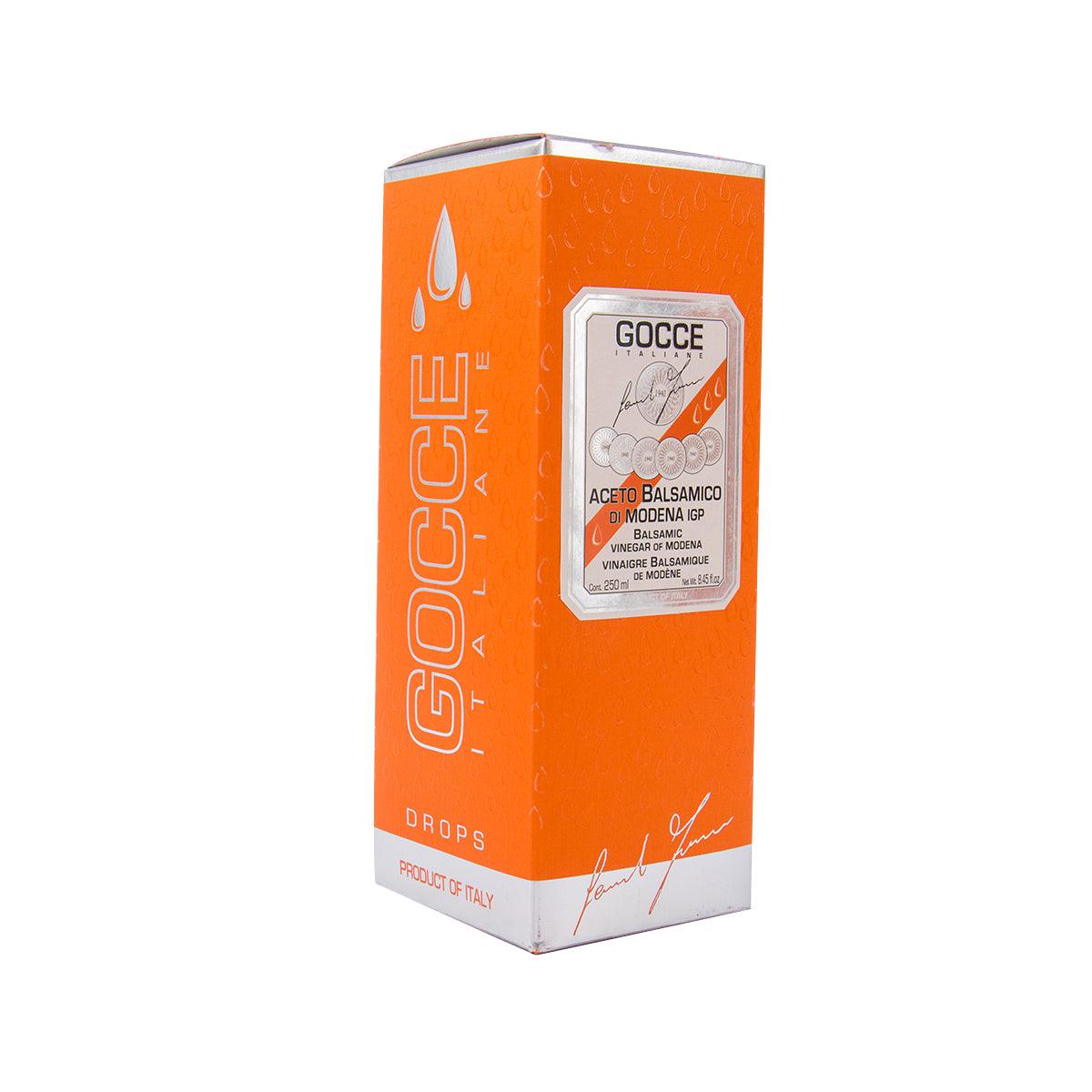 12-year Modena balsamic vinegar orange carton, side view