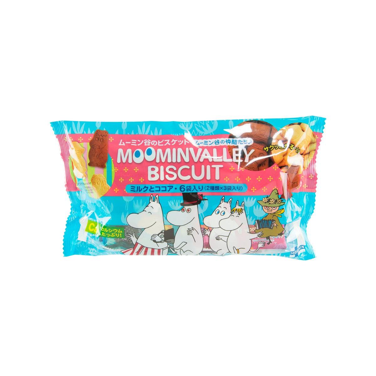Milk and cocoa biscuits package with Moomin characters, colorful wrapper