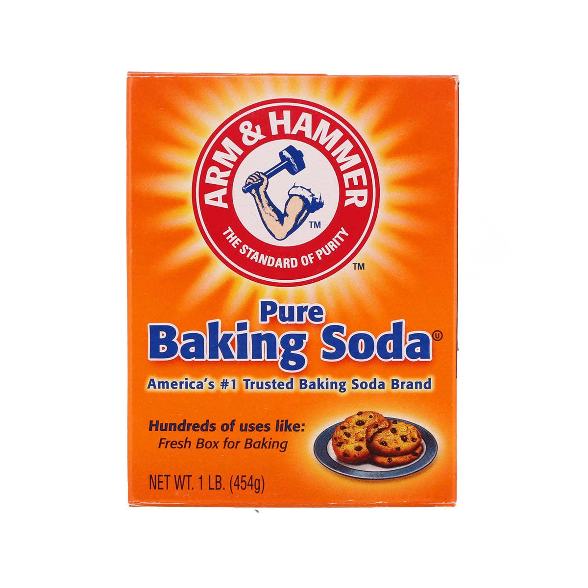 ARM & HAMMER Baking Soda box, front label with Pure Baking Soda and net 1 lb