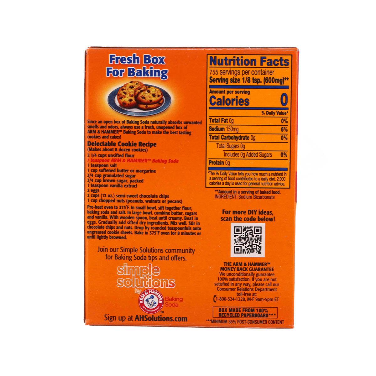 ARM & HAMMER Baking Soda box, back panel with nutrition facts and baking directions
