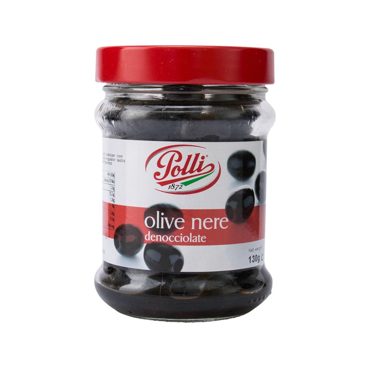 Polli pitted black olives in glass jar with red lid, 130g