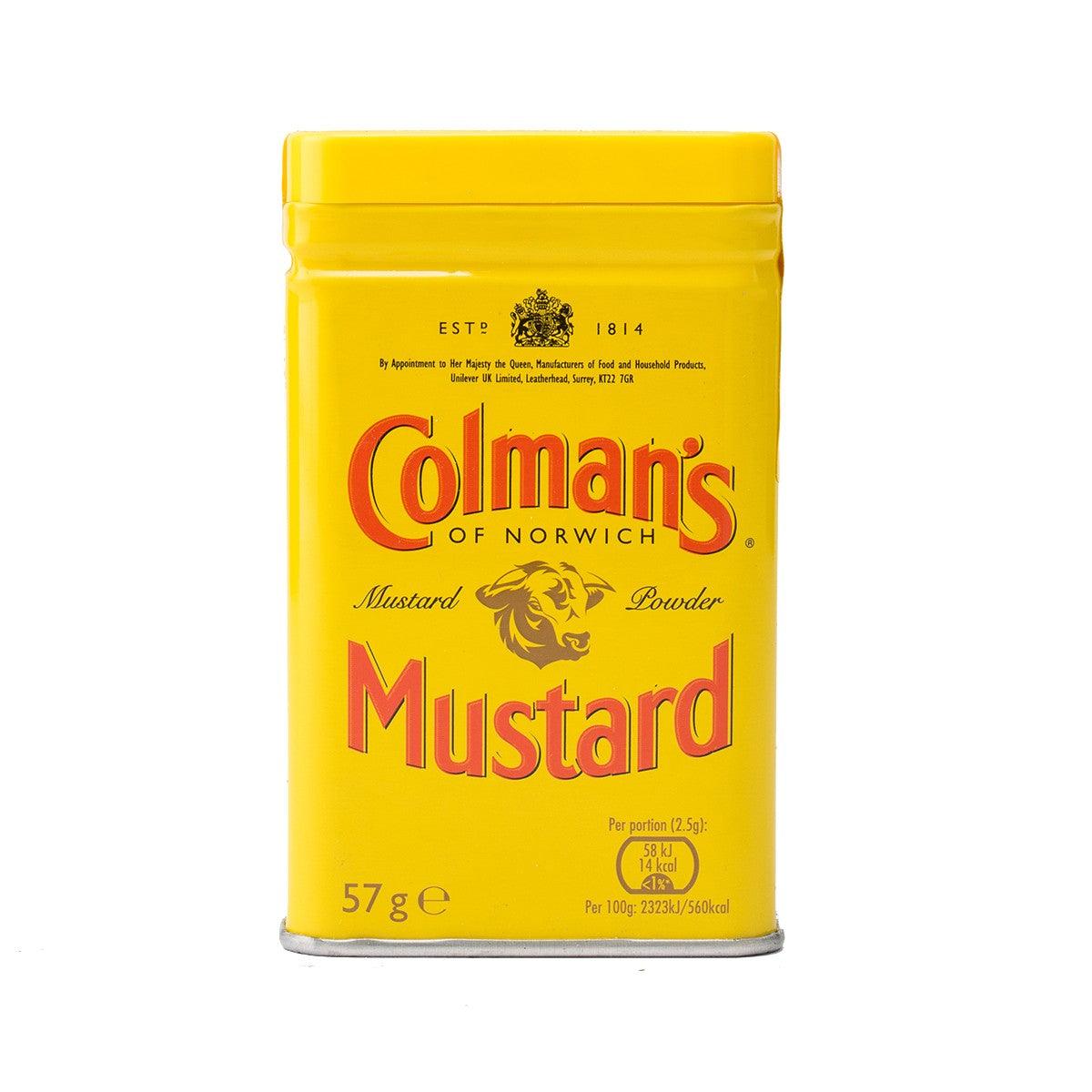 COLMAN'S mustard powder tin, front view, 57g yellow package