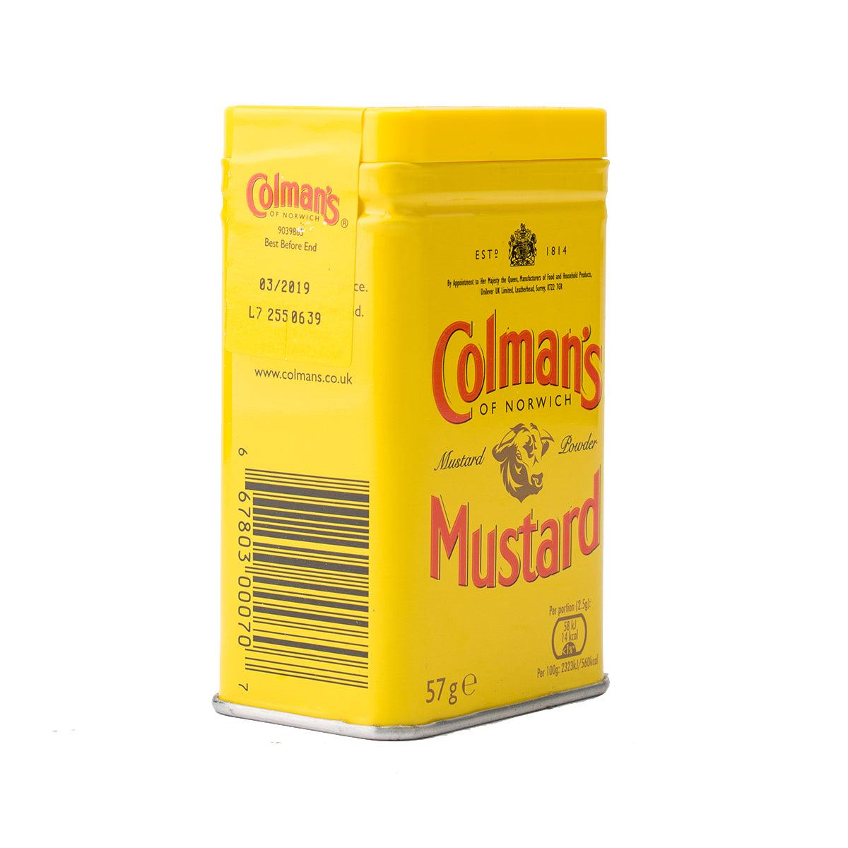 COLMAN'S mustard powder tin, side with barcode, 57g yellow package