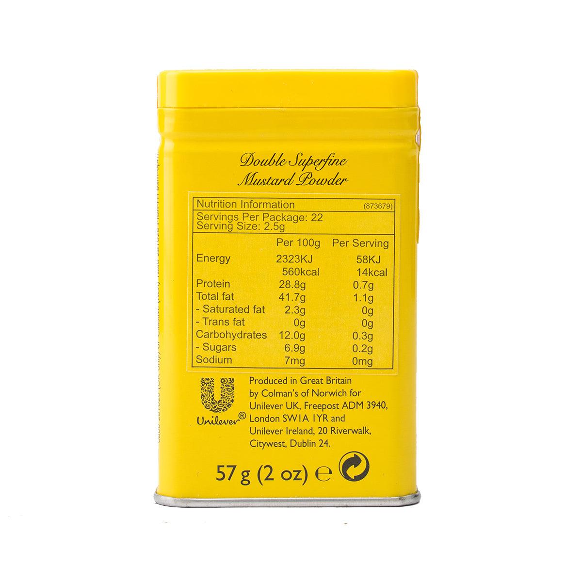 COLMAN'S mustard powder tin, nutrition facts panel, 57g yellow