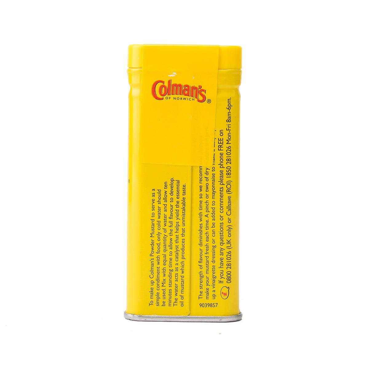 COLMAN'S mustard powder tin, back panel with ingredients text, 57g yellow