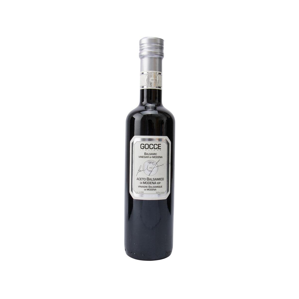 Balsamic vinegar bottle with metal pour cap and front label, dark glass, 500 mL