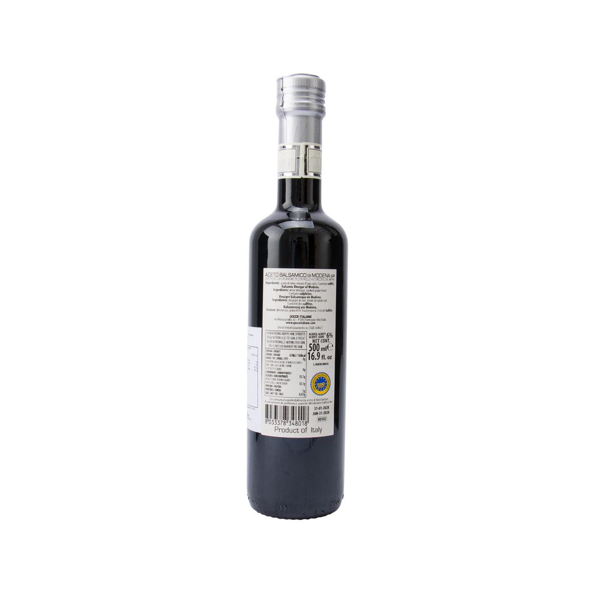 Balsamic vinegar bottle with metal pour cap and rear label, dark glass, 500 mL