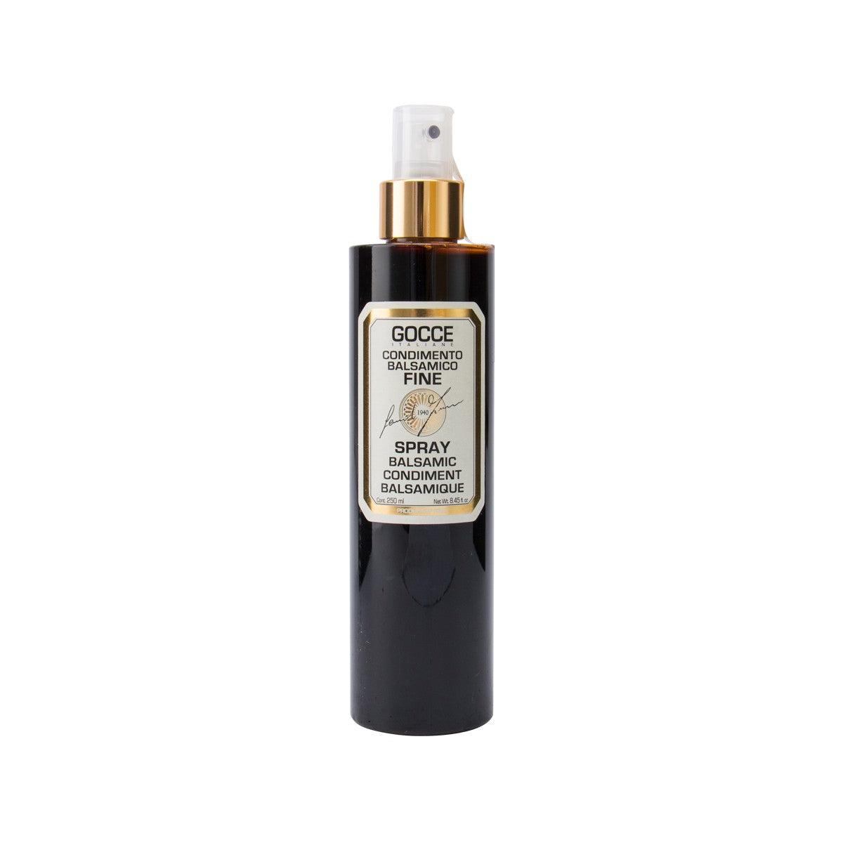 Italian fine balsamic spray condiment bottle with black body and front label