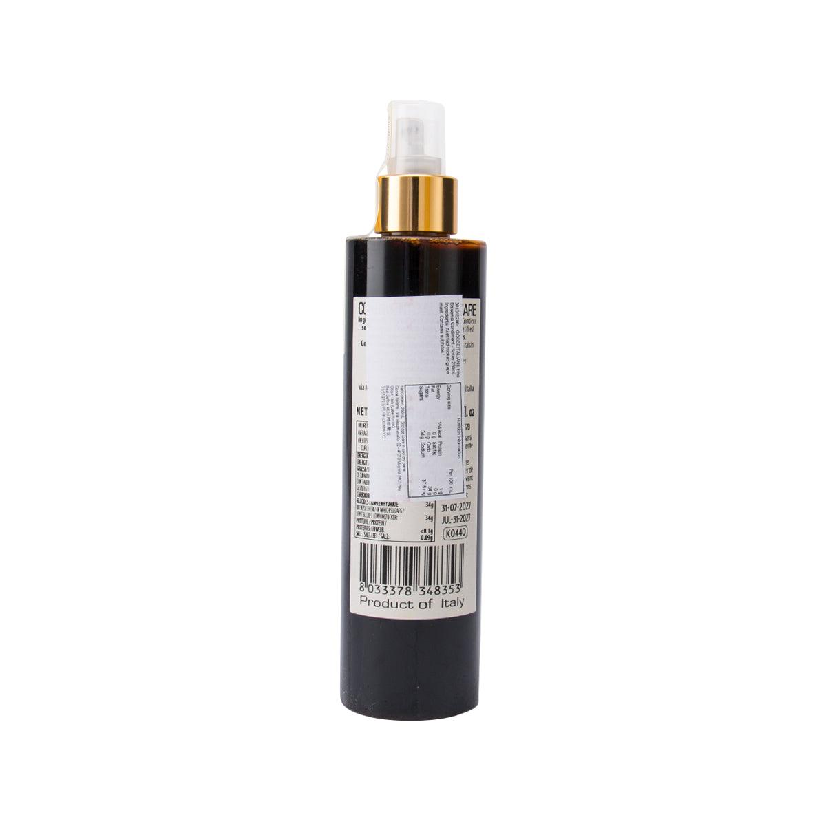 Italian fine balsamic spray condiment bottle with black body and back label