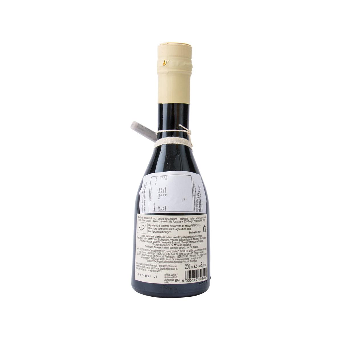 ACETIFICIO MENGAZZOLI organic balsamic vinegar bottle, back label and tied neck ribbon