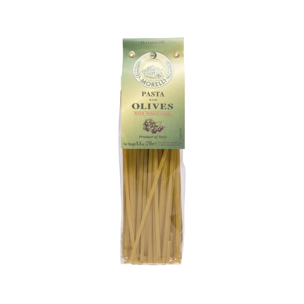 MORELLI olive fettuccine with wheat germ pasta bag, front label