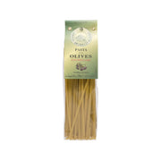 MORELLI olive fettuccine with wheat germ pasta bag, front label