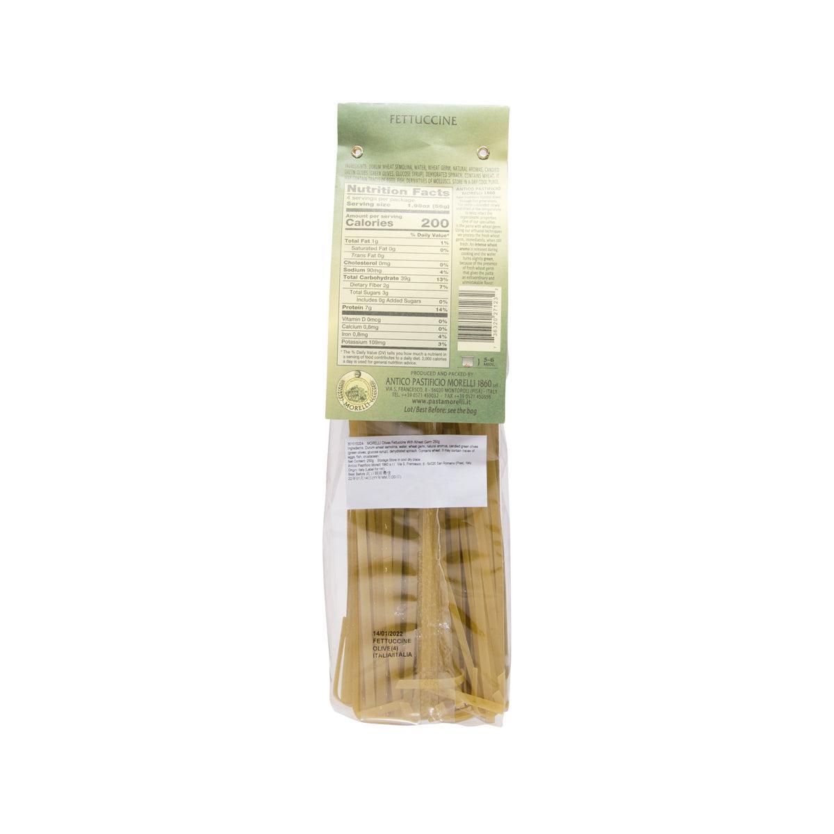 MORELLI olive fettuccine pasta bag, nutrition facts and barcode on back