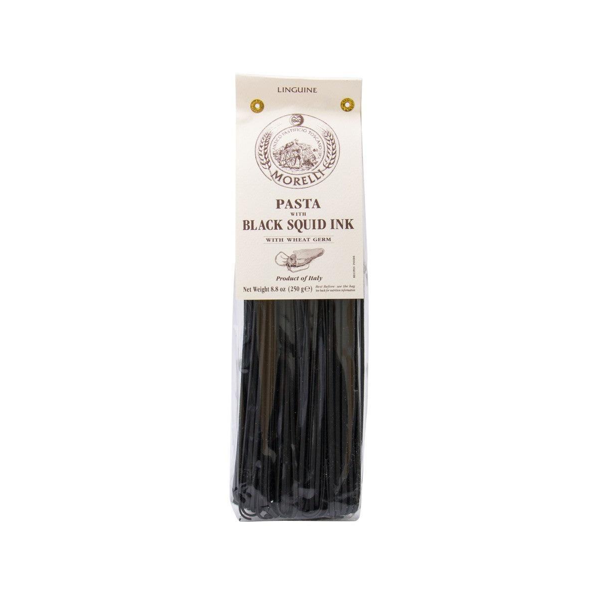 MORELLI linguine pasta, black squid ink with wheat germ, 250g package front