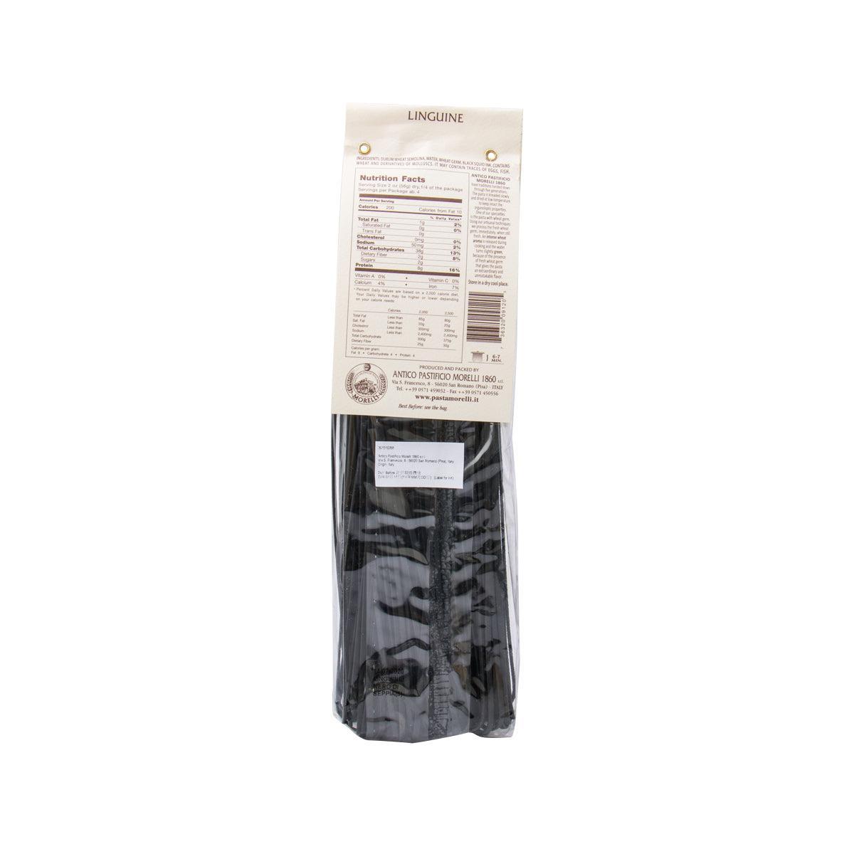 MORELLI linguine pasta, black squid ink package back with nutrition facts panel