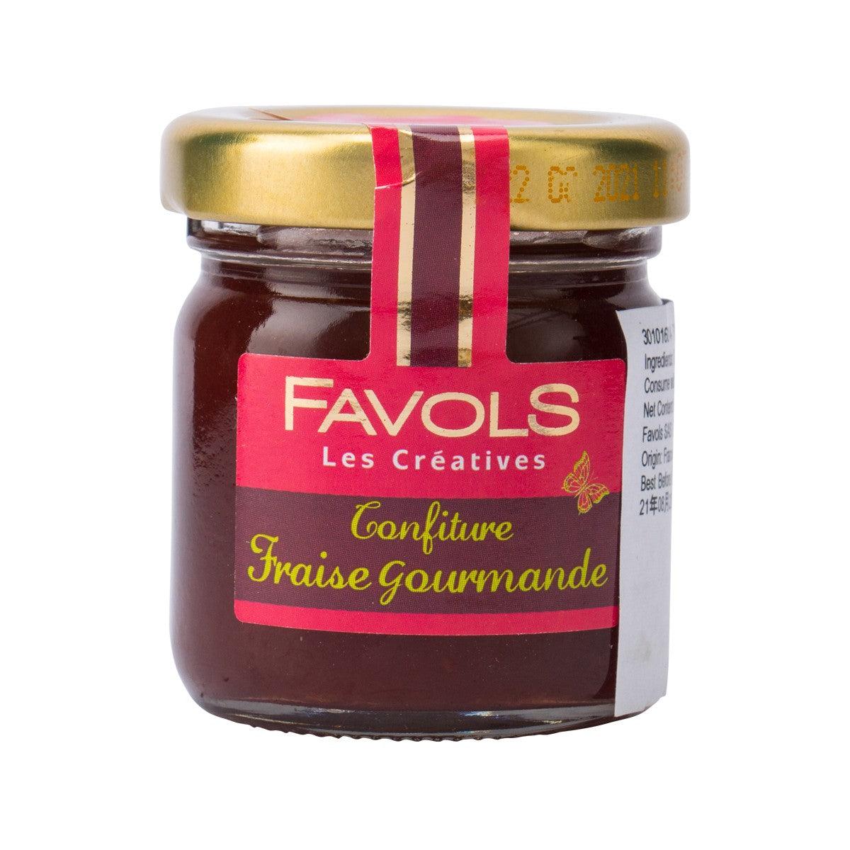 FAVOLS mini wild strawberry jam jar with gold lid and dark red label