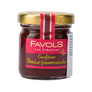 FAVOLS mini wild strawberry jam jar with gold lid and dark red label