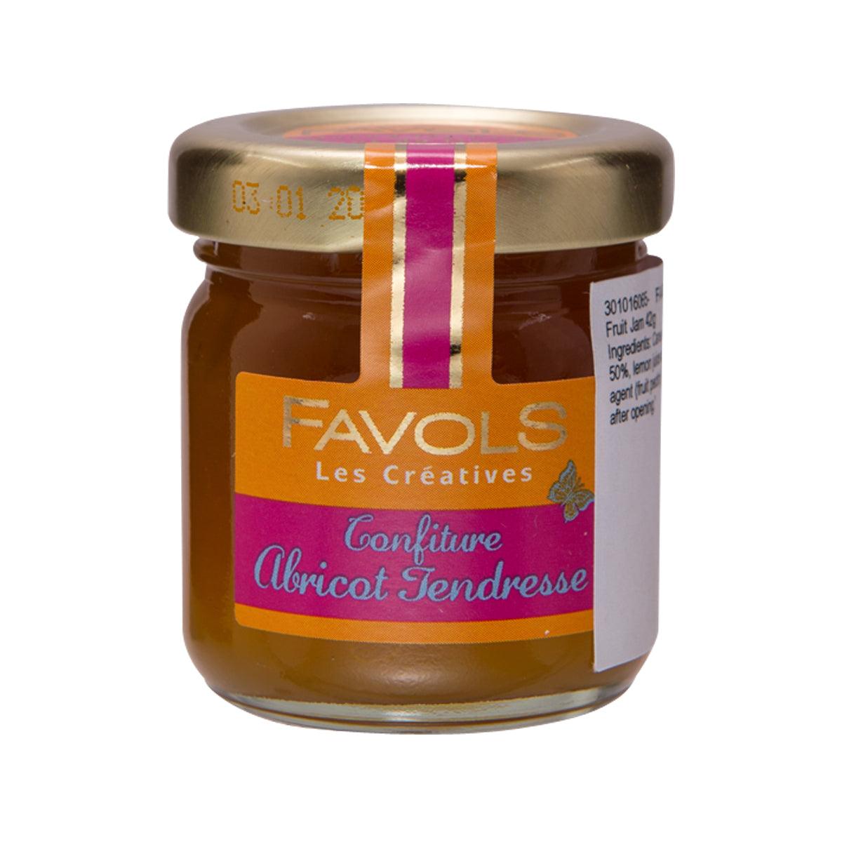 Mini apricot fruit jam jar, glass container with gold cap and FAVOLS label.