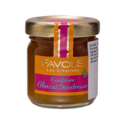 Mini apricot fruit jam jar, glass container with gold cap and FAVOLS label.