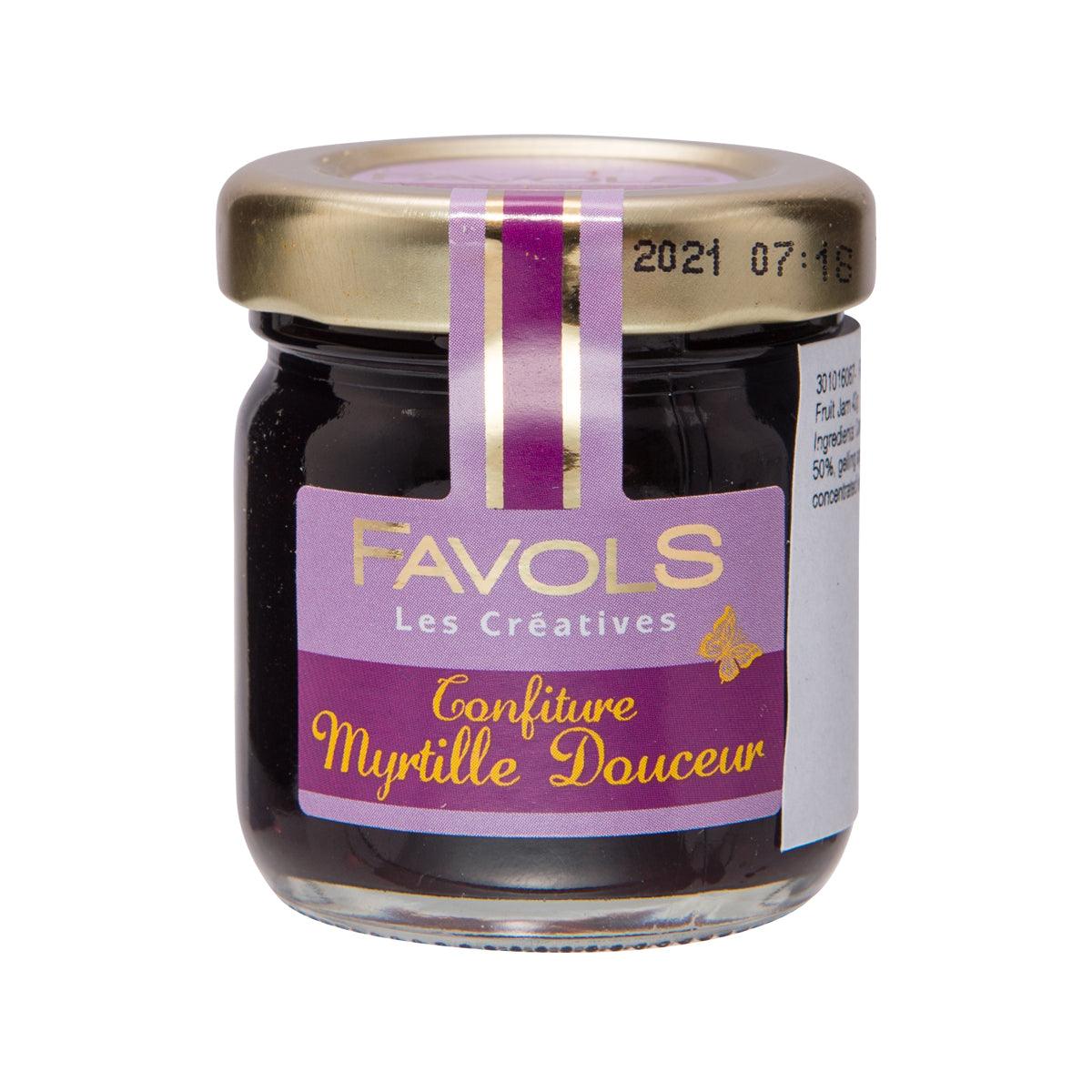 FAVOLS blueberry fruit jam jar, small glass container with metal lid and purple label.