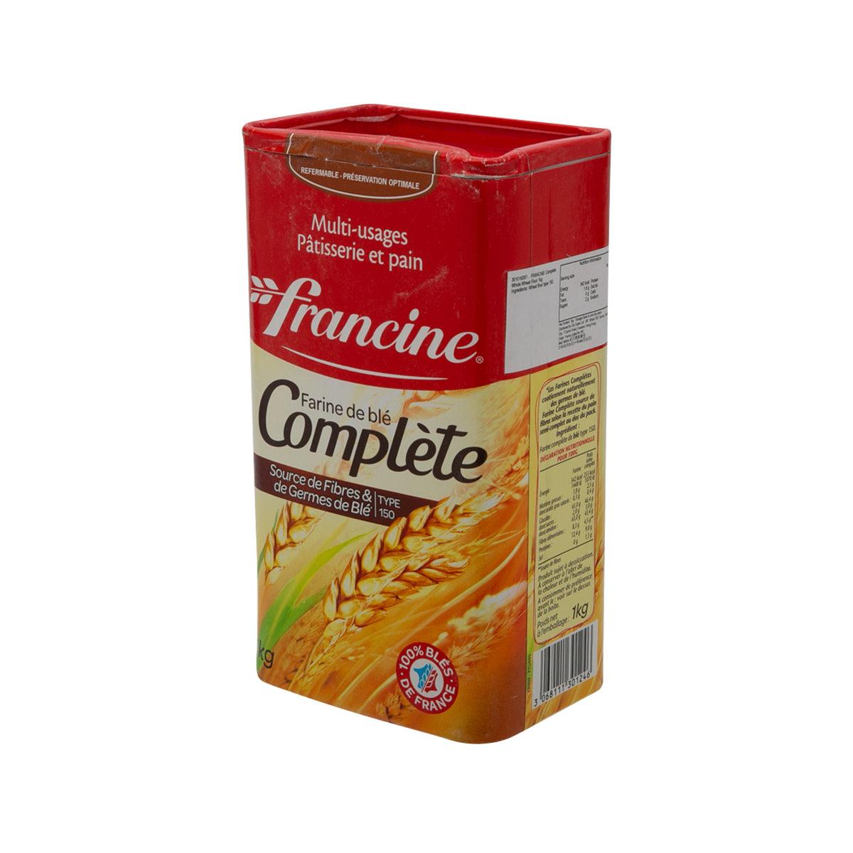 FRANCINE Complete whole wheat flour 1kg bag, side with barcode