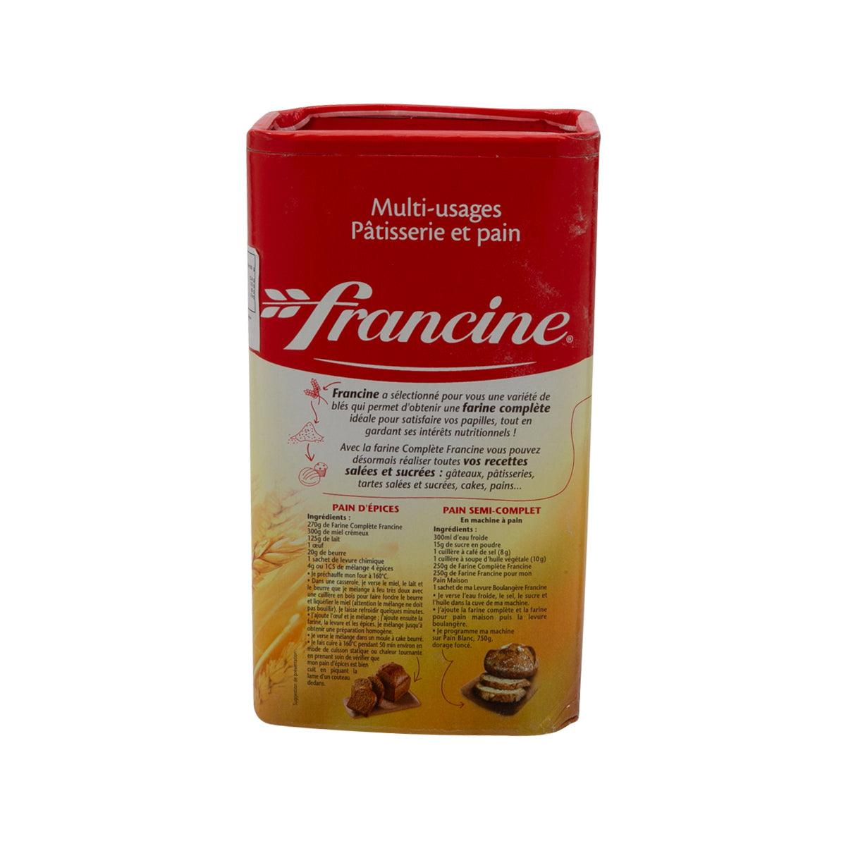 FRANCINE Complete whole wheat flour 1kg bag, back panel text