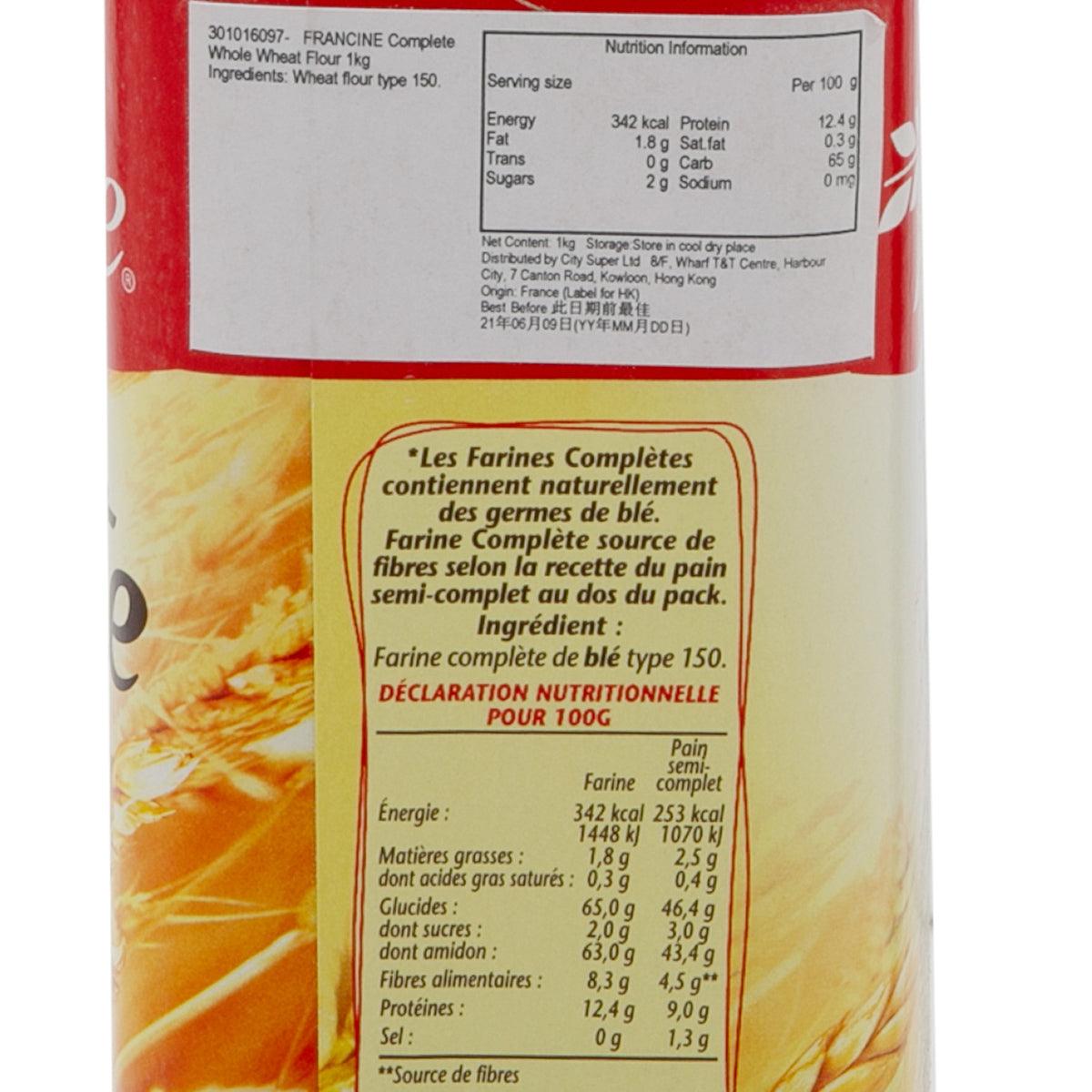 FRANCINE Complete whole wheat flour 1kg, nutrition information close-up