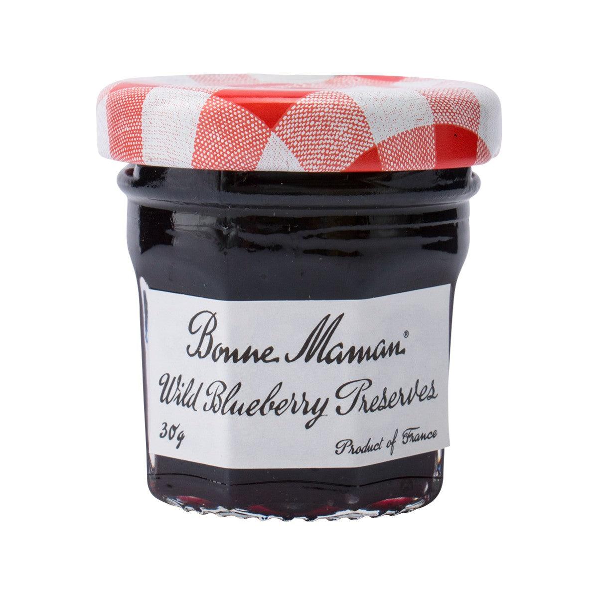 BONNE MAMAN blueberry preserve jar with red checkered lid and front label, 30 g