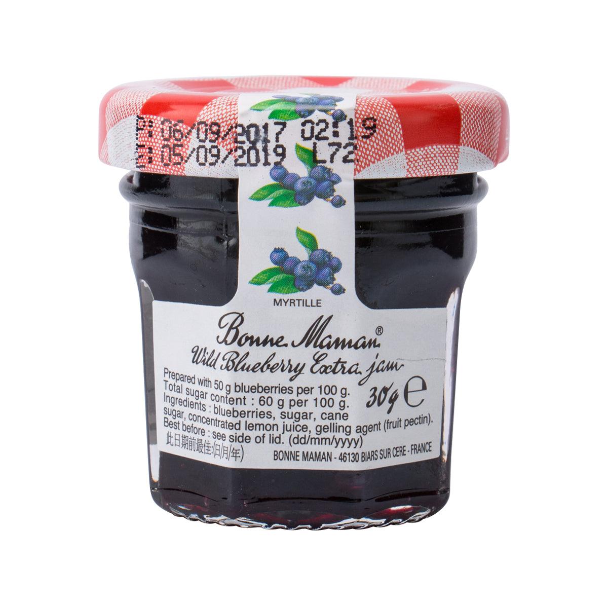 BONNE MAMAN blueberry preserve jar, back label with ingredient and nutrition panel, 30 g