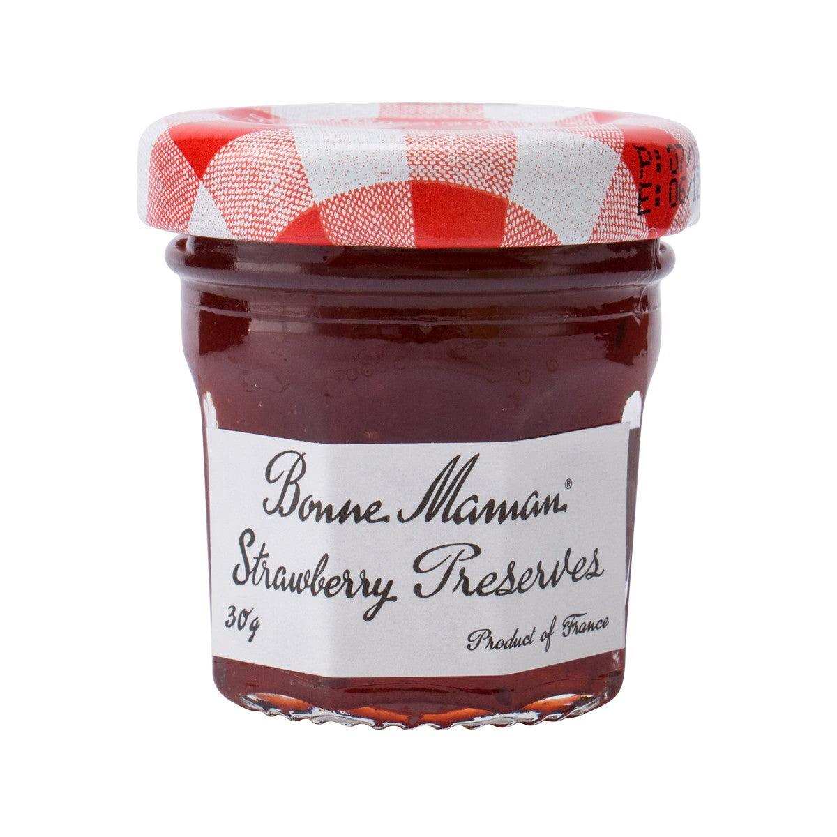 BONNE MAMAN strawberry preserves jar with red checkered lid and front label