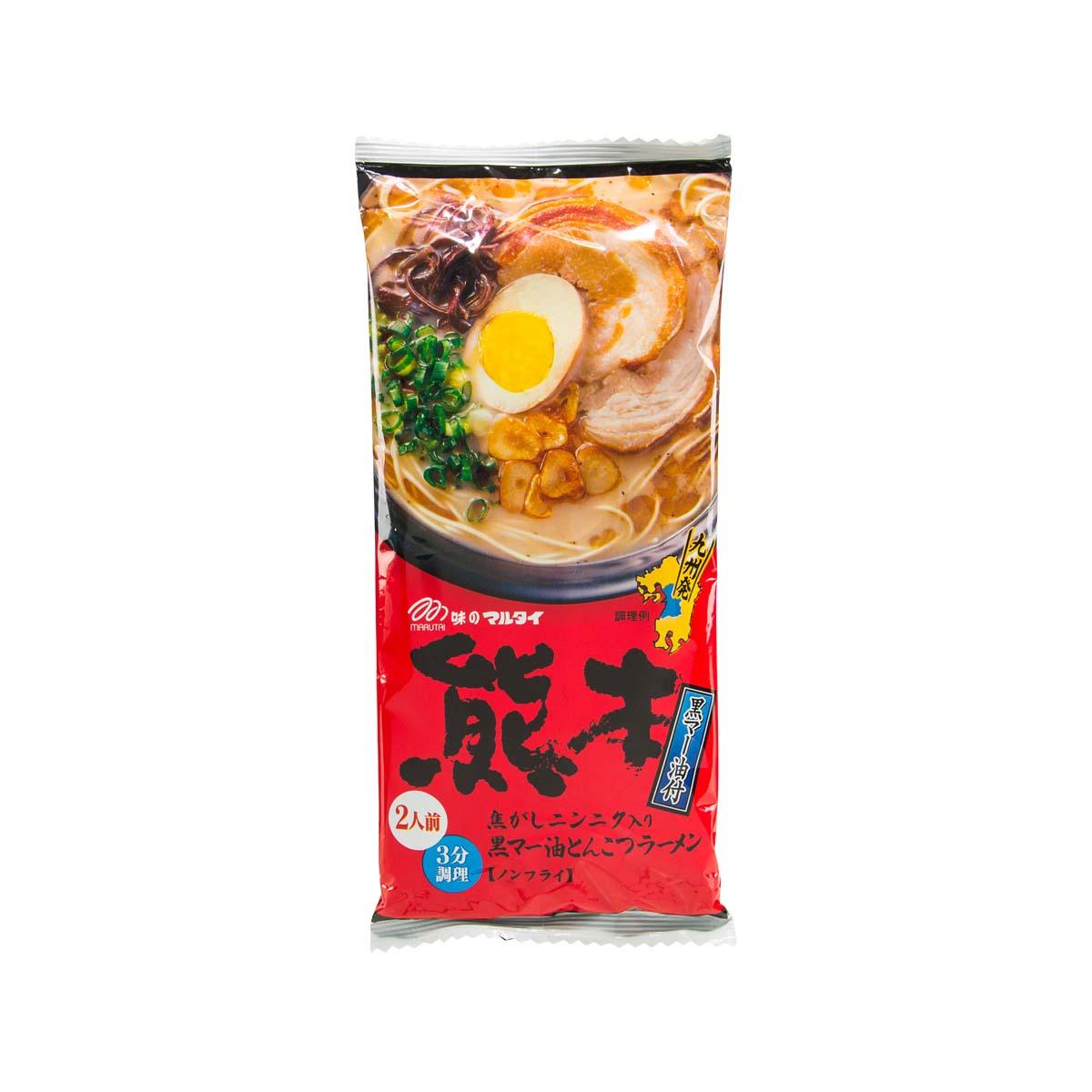 Packaged instant ramen soup pouch with pork and egg illustration, red and black design