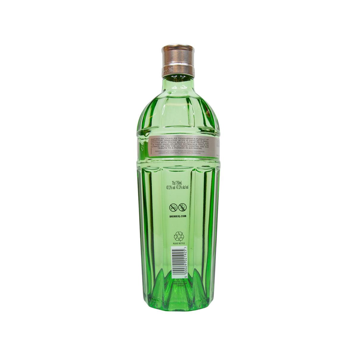 TANQUERAY No. 10 gin bottle, back label with barcode on green glass