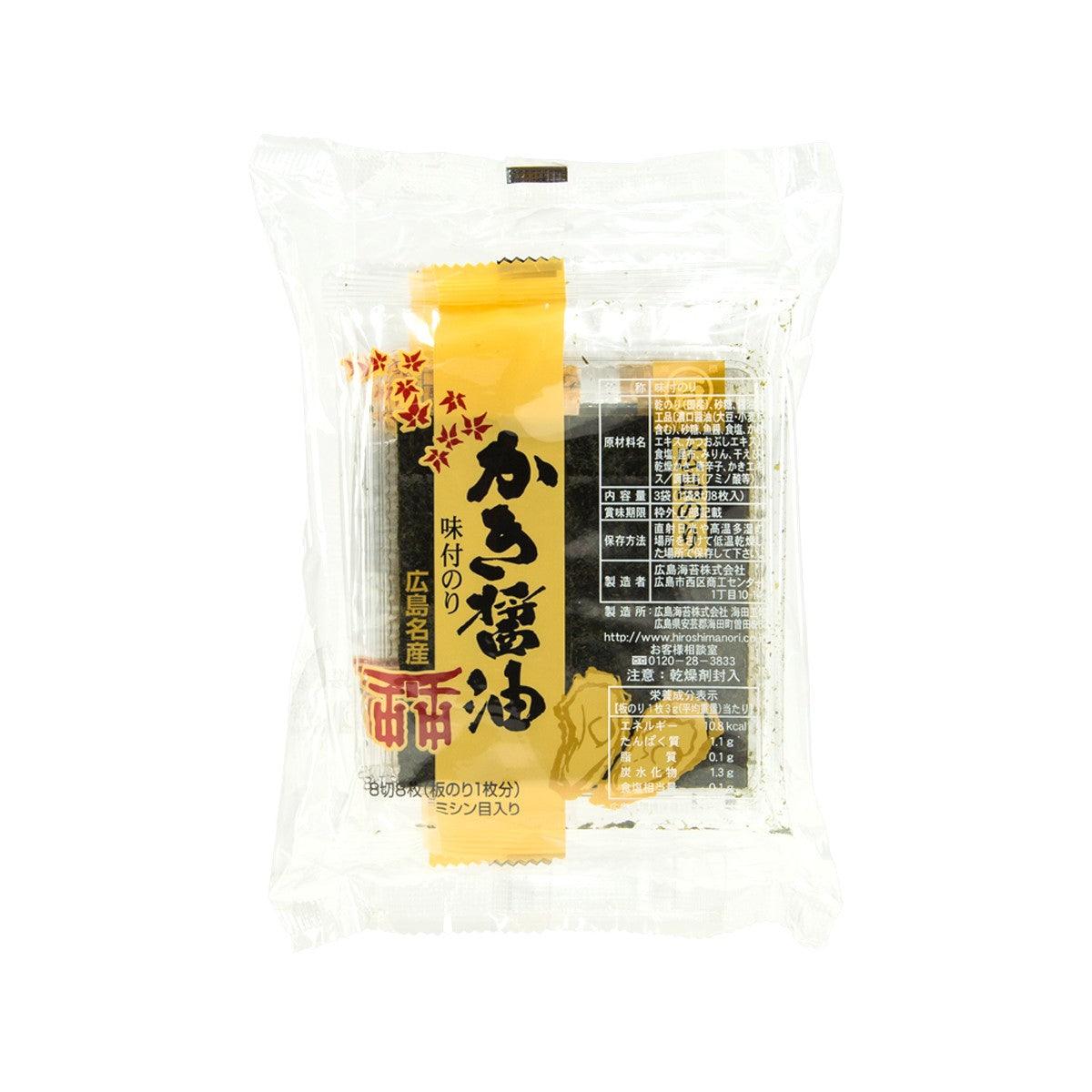 HIROSHIMA NORI oyster soy sauce seasoned seaweed snack pouch, front view