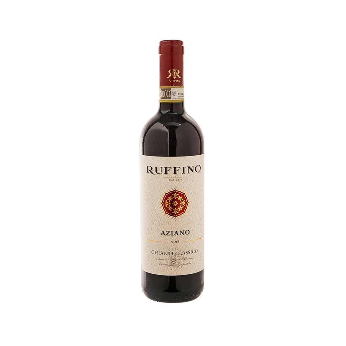 Ruffino Aziano Chianti Classico wine bottle with red foil cap and cream label