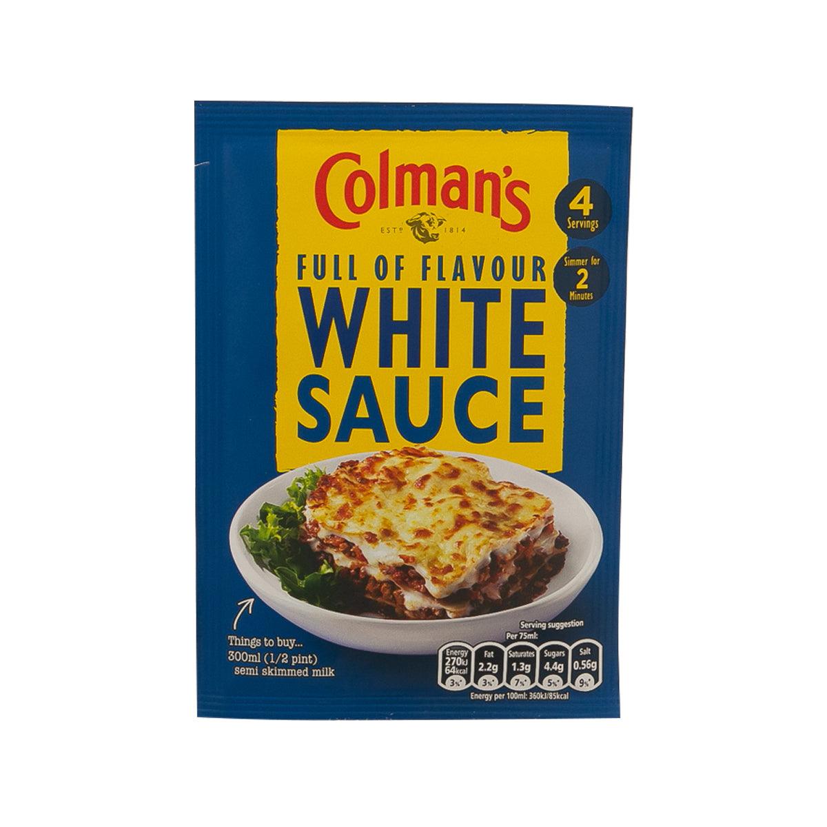 COLMAN'S white sauce mix sachet, blue and yellow front with serving info