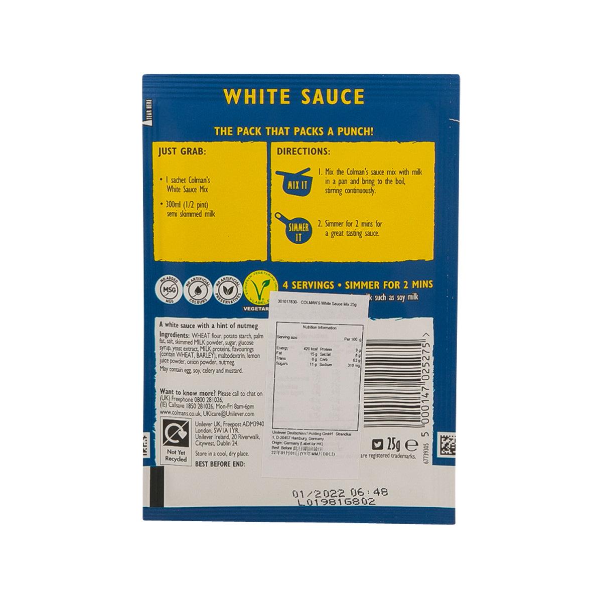 COLMAN'S white sauce mix sachet, back label with directions and barcode