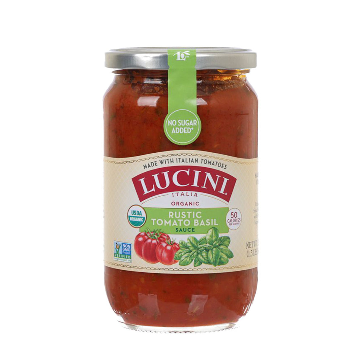 Rustic tomato basil sauce jar with LUCINI front label, 680g