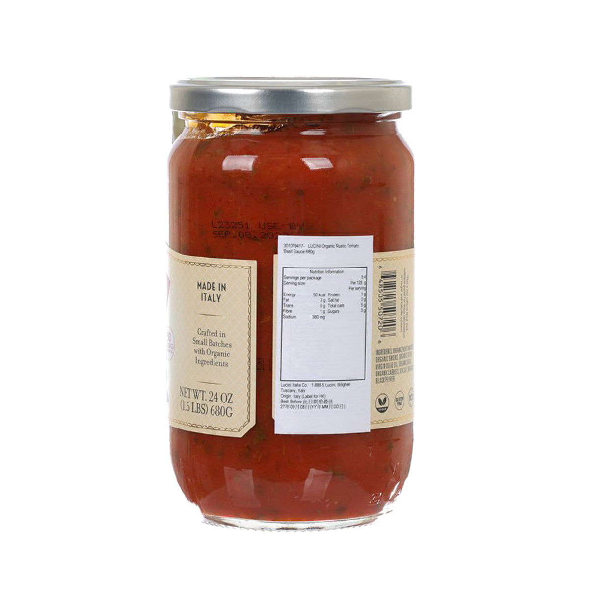 Rustic tomato basil sauce jar with back label and nutrition panel, 680g