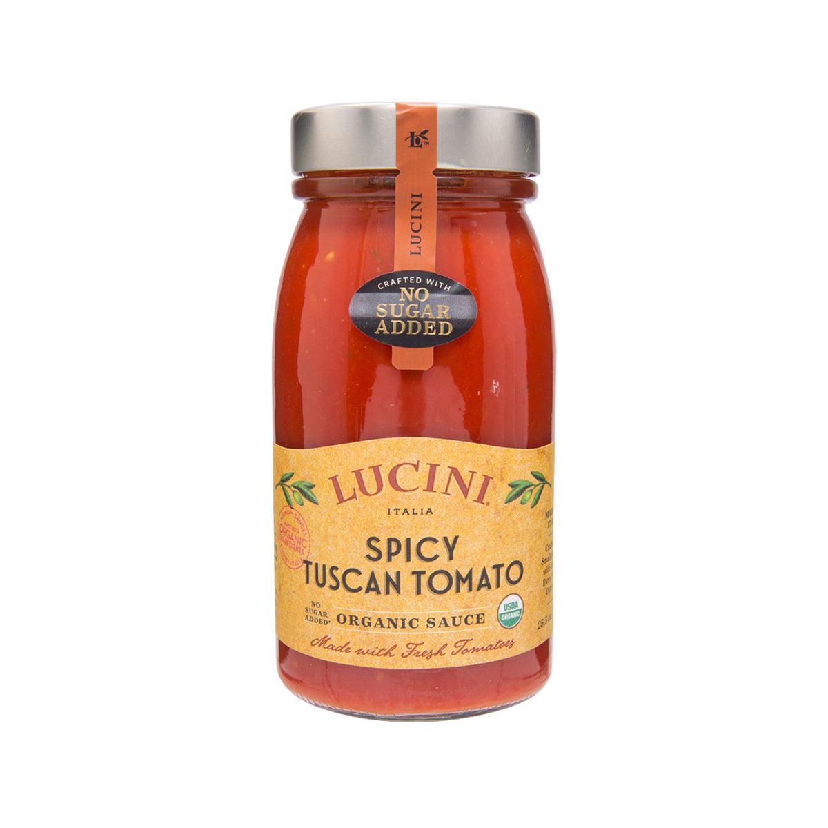 Spicy Tuscan organic tomato sauce jar, red glass bottle with LUCINI label