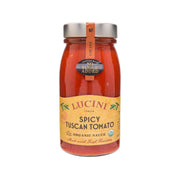 Spicy Tuscan organic tomato sauce jar, red glass bottle with LUCINI label
