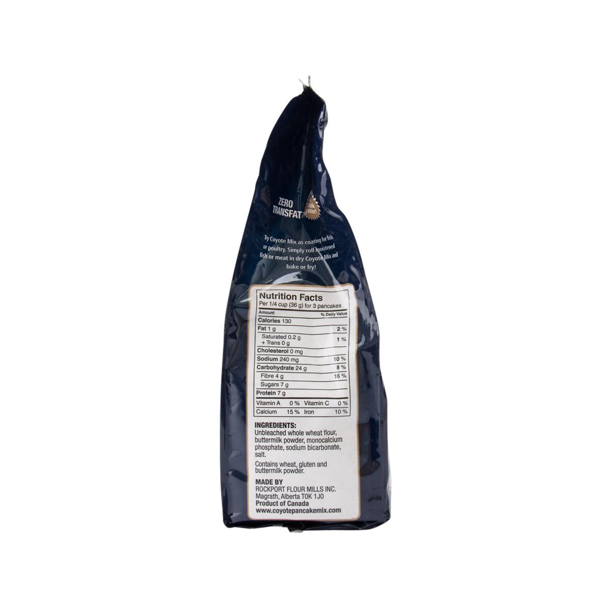 COYOTE Pancake & Waffle Mix pouch, back view with nutrition facts and ingredients list