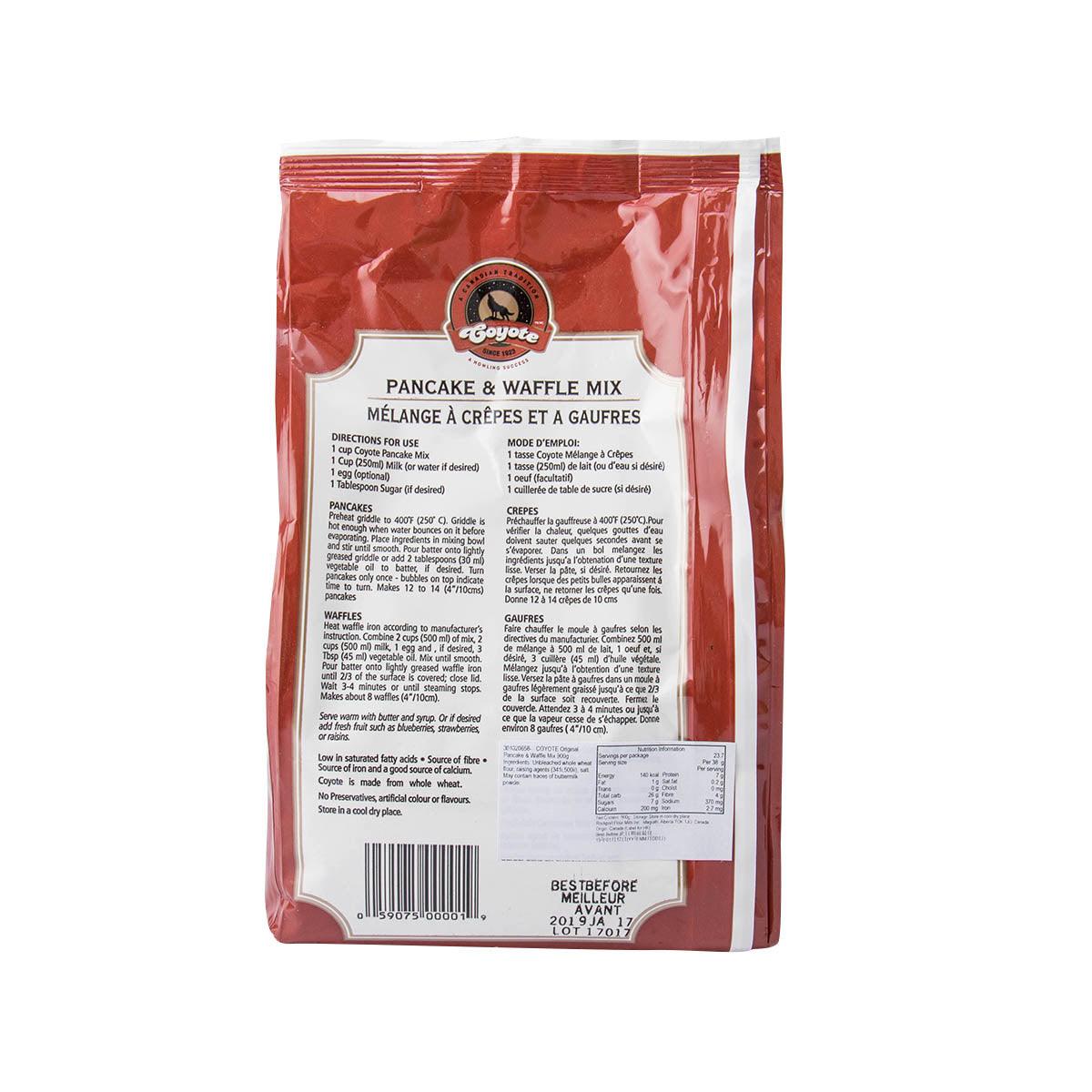COYOTE pancake & waffle mix, 900g bag, back label ingredients